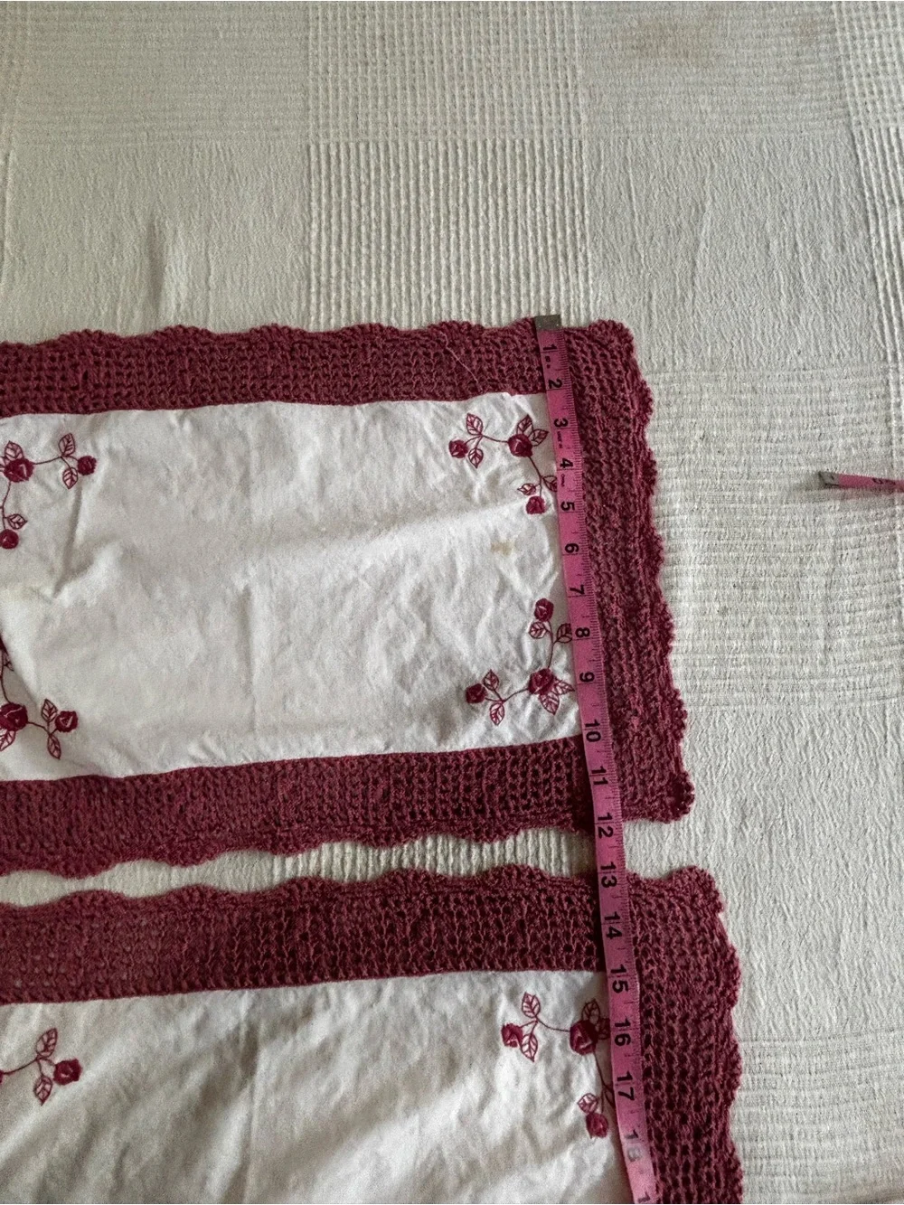 Vintage Handmade Crochet-Edge Placemat Set with Burgundy Embroidery
